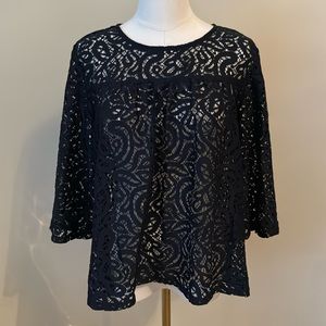 LOFT Lace Overlay Top Blouse Size Small Navy
